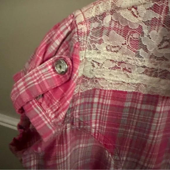 Baby Phat Y2K Pink Plaid Lace Button Front Top Size M - Picture 6 of 12